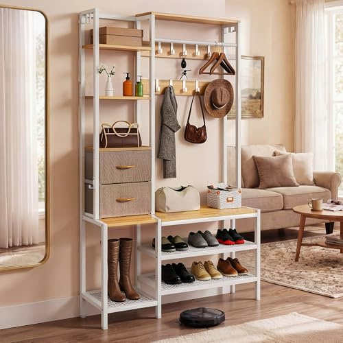 YITAHOME Porte-manteau industriel avec étagère à chaussures - Meuble de vestiaire sur pied avec 2 étagères - 9 crochets - Convient pour couloir, salon et chambre à coucher - Cadre en métal