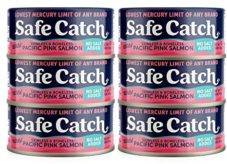 Safe Catch Wild Pacific Pink Salmon Canned Wild-Caught No Salt Added Skinless Boneless Salmon Fish Mercury Tested Kosher, 6 Pack Can Salmon 5oz