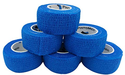PintoMed Selbstklebender Finger Verband, Gedehnt – 6 x Blau - 2,5cm x 4,5m - Kohäsive Bandagen Rollen, Haftbandage, Fixierbinde selbsthaftend, Sport Tape, Handgelenk, Bein, Arm, Vet Wrap