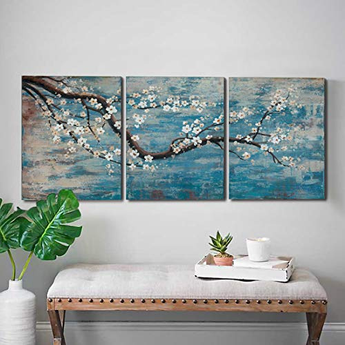 3 Piece Wall Art Hand-Painted Framed Flower Oil Painting On Canvas Gallery Wrapped Modern Floral Artwork for Living Room Bedroom Décor Teal Blue Lake Ready to Hang 12x16x3 panel