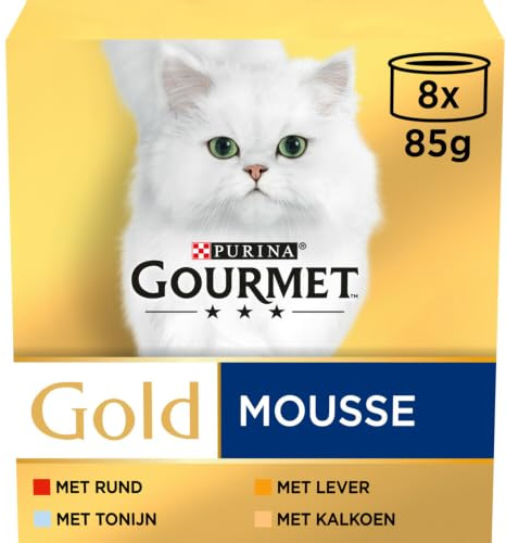 Gourmet Gold Mousse Katzenfutter, Nassfutter mit Thunfisch, Leber, Truthahn und Rind - 8x85g - 6er Box (48 Dosen; 4,08kg)