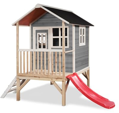 EXIT Toys Loft 300 Holzspielhaus für Draußen mit Rutsche - Gartenhaus aus Holz für Kinder mit wasserdichtem Dach - Einfache Montage - 100% FSC Zedernholz - 269x190x215cm - Grau