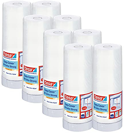 tesa Easy Cover 4373 UV Extra Stark, 8 x Malerband mit Folie, 12 m x 1,4 m | UV-beständiges Gewebeband mit extra belastbarer Malerfolie - zum Abkleben und Abdecken im Außenbereich - Transparent