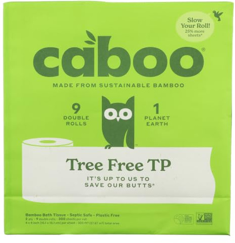 Caboo Tree Free Bamboo Toilet Paper, Plastic Free, Eco Friendly, Septic Safe, Biodegradable Bath Tissue with Soft, Quick Dissolving 2 Ply Sheets (300 Sheets Per Roll, 9 Double Rolls), White
