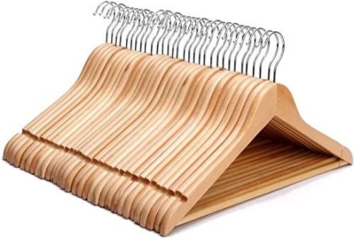KEPLIN Strong Walnut Wood Wooden Coat Hangers with 360 Degree Rotatory Hook & Round Trouser Bar & Shoulder Notches - Durable Wardrobe Space Saver (Natural, 20 Pack)