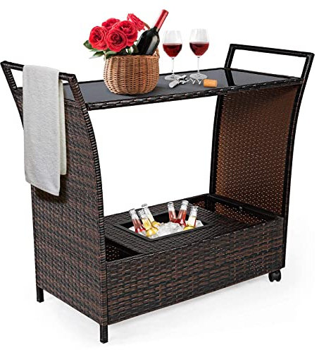 ARZBOPO Rattan Trolley Bar, Outdoor Bar Table Trolley, Bar Serving Cart, Party Garden Backyard Furniture