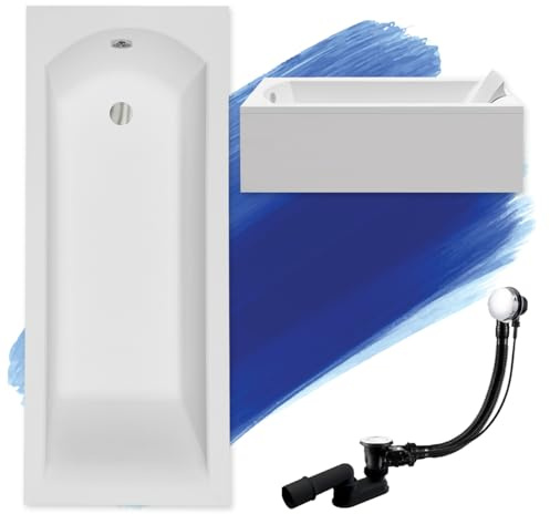 BADLAND Badewanne Original Weiß Acryl Wanne Rechteck SHEA 160x70 KOMPLETTSET SET mit Weiß Acrylschürze + Füßen und Exklusive Chrom Automatik Ablaufgarnitur Made in EU 4in1
