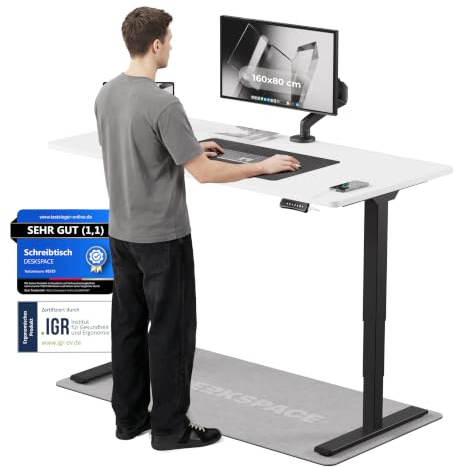 DESKSPACE PRO Plus Elektrisch höhenverstellbarer Schreibtisch (160x80 cm) | Bürotisch mit Kollisionsschutz, Memory-Funktion, USB-Anschluss, 10 Jahre Garantie (Gestell schwarz, Tischplatte weiß)