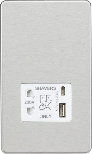 Knightsbridge Presa per rasoio senza viti con doppia USB A+C (5 V DC 2,4 A condiviso) - Cromo spazzolato con inserto bianco