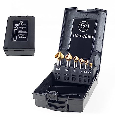 HomeBee® Kegelsenker aus 6542 HSS Stahl – Senker Holz mit 90° Ø 6,3-20,5 mm – Extrem Scharf – Senker Set für Holz, Metall und Kunststoff mit praktischer Box, Entgrater Box, Bohrerset, für Bohrer
