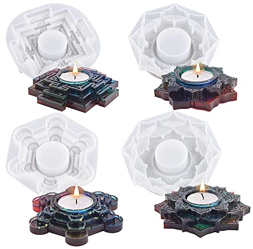 Woohome 4 PCS Tealight Candle Holder Resin Molds, Flower Candlestick Epoxy Casting Silicone Molds for DIY Jewelry Box, Candy Box Home Table Decoration