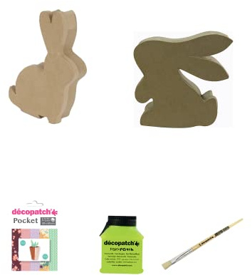 Décopatch BT051AMZC - Kreativset mit 1 Kaninchen aus Pappmaché 19 cm, 1 Décopatch-Lack, 1 Pinsel, 1 Beutel mit Decopatch-Blättern, Dekopatch-Set zum Personalisieren für Ostern, Kartonbraun, 1 Set