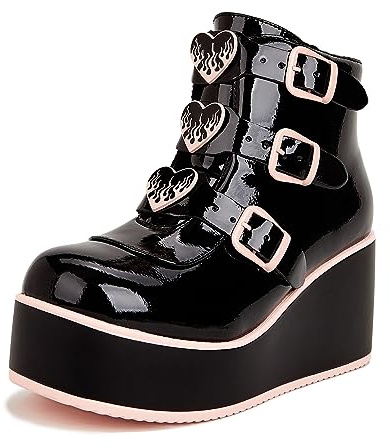 LUCKY STEP Women Platform Chunky Ankle Boots - Round Toe Zipper Wedges High Heels Rave Buckle Thick Sole Goth Booties (Black/Pink,10 B(M) US)