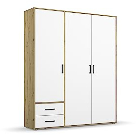 Rauch Möbel Voyager, Kleiderschrank, Weiß/Eiche Artisan, Breite 140 cm | Schrank, Mehrzweckschrank, 3-türig, 2 Schubladen, Zubehör Basic, für Schlafzimmer, Kinderzimmer, Studentenwohnung, Garderobe