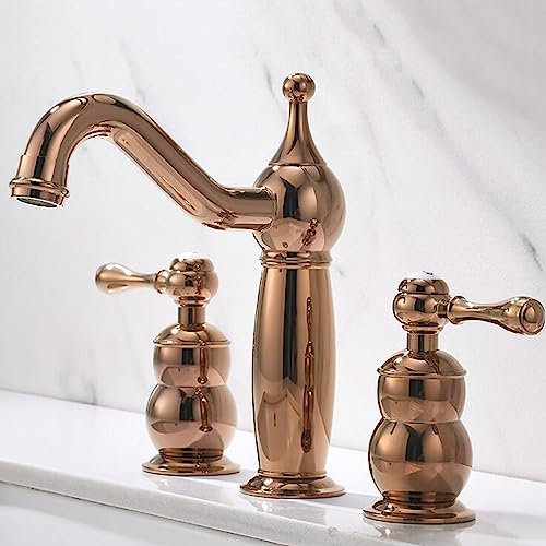 Waschtischarmatur 3 Loch, Wasserhahn Bad 3 Loch Messing Wasser Kalt und Heiß Doppelgriff Badarmatur-Roségold