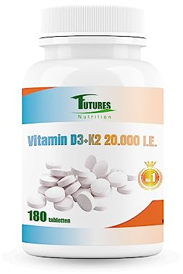 FUTURES NUTRITION 20000 I.E Vitamin D3 K2 Hochdosiert | Vegan | Beste Bioverfügbarkeit mit 99,7+% All-Trans Anteil | Nur 1 Tablette alle 20 Tage | Laborgeprüfte Reinheit | 180 Tabletten