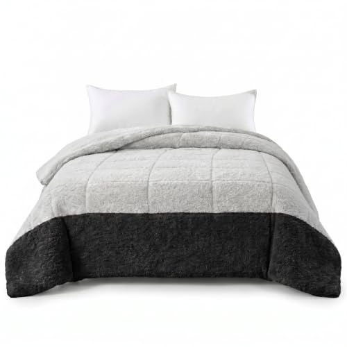 INTRECCI Trapunta Matrimoniale Invernale 250x250 cm In Tessuto Sherpa Agnellato Calda Coperta Autunno Inverno Piumone In Morbida Microfibra Anallergica Antiacaro (Titanio/Nero)