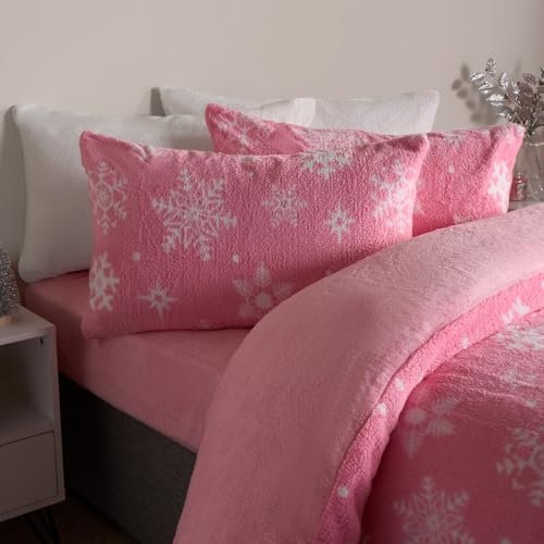 OHS Christmas Bedding King Size, Xmas Snowflake Teddy Fleece Duvet Set Super Soft Warm Thermal Winter Teddy Bear Bedding Comfy Cosy Christmas Duvet Cover King Size with Pillowcases, Pink