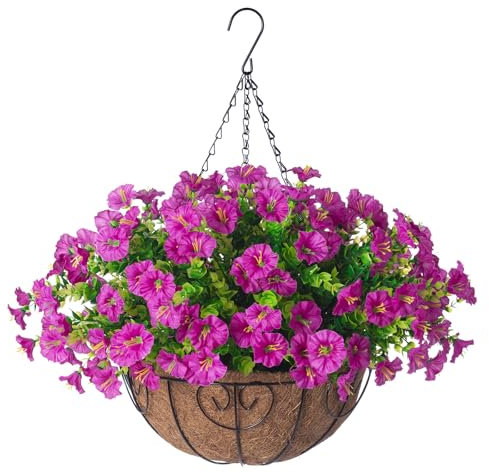 Ivydale Artificial Silk Hanging Plants Flowers Basket for Outdoor Outside Summer Decoration, Fake Faux UV Sun Resistant Look Real Morning Glory Fuchsia for Porch Patio Balcony Home