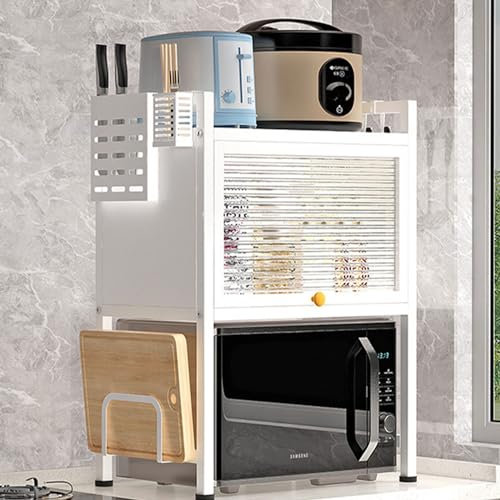 Dxcaicc Scaffale per microonde a 3 Ripiani, Armadio da Cucina per Piatti, portaoggetti per stoviglie, Porta tostapane con Tagliere, Porta Bacchette, Organizer per ripiano da Cucina,Bianca