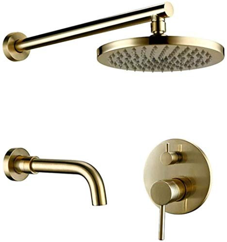 Luxuriöses, matt gebürstetes Gold-Messing-Rundduschset für Badezimmer, gebürsteter Wasserhahn, Regenfall-Wand-Kopfbrause-Mischsystem-Set
