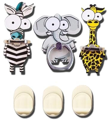 SOKPEWWM 3pcs Cute Animals Cell Phone Ring Holder,Universal 360°Adjustable Zebra,Giraffe and Elephant Phone Case Finger Grip Stand Holder Compatible with iPhone 15/14&Galaxy S24/S23(3pcs Big Eyes)