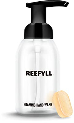 Reefyll Pack de démarrage Distributeur de Savon avec Flacon Rechargeable 250 ML et Tablette de Savon pour Les Mains x1 Savon Mousse au Parfum Tropical de Noix de Coco Duo Pack