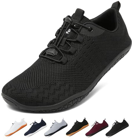 Geweo Barfotaskor Herr Dam Sommar Barefoot Shoes med Bred Tåbox Andas Halkfria Terrängskor Gymnastikskor Lätta Bekväma Zero-Drop Sulor Löparskor Fitness Sneakers Unisex Svart 47EU