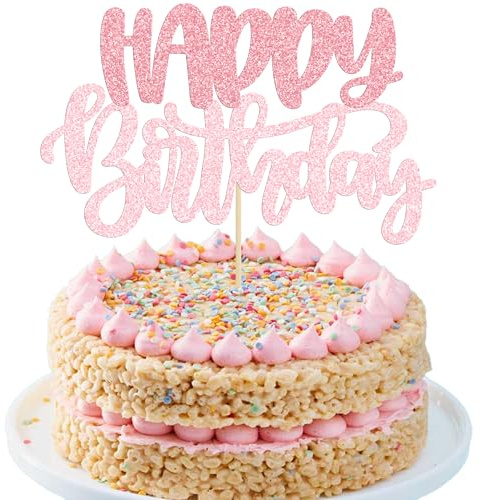 Gyufise 1Pcs Happy Birthday Cake Topper Glitter Cake Pick for Celebrating Anniversary Theme Party Cake Decorations Supplies Pink