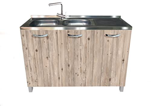 MABEL mueble bajo fregadero de cocina con nudo organizador de madera ennoblecida y fregadero de apoyo de acero con cubetas a la izquierda - L 120 cm x P 50 cm x H 83,5 cm