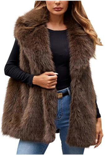 Flodxo Damen-Weste, Übergröße, Kunstfell, Bodywarmer, flauschiger Kunstfell, elegant, ärmellos, Pelzweste, leicht, lässig, Thermo-Weste, Mäntel, Revers, Oberbekleidung, Jacke, Übermantel