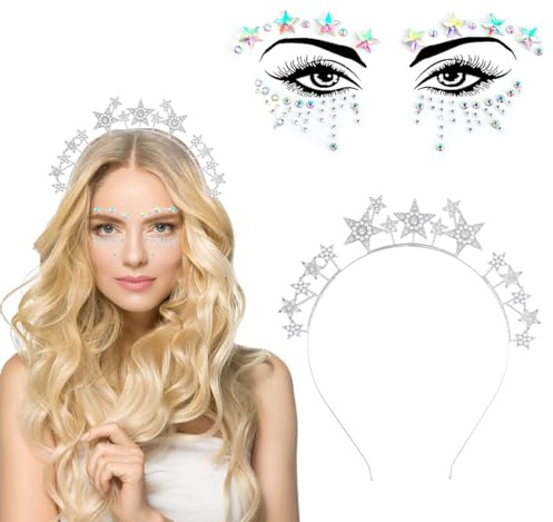 Sterne Haarreif Silber Sterne Stirnband Haarband, Strass Stern Stirnband, Strasssteine Gesicht Tattoos, Silber Haarband Glitter Stirnband für Karneval Hochzeit Maskerade Geburtstag Kostümparty