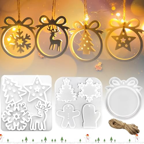 TZEKING Silikonform Weihnachten,9PCS Silikonform Weihnachten Anhänger,Silikonformen Gießformen Weihnachten,Silikon Gießform Anhänger,Schneeflocke Weihnachtsbaum Sterne Elch,für Weihnachtsdekorationen