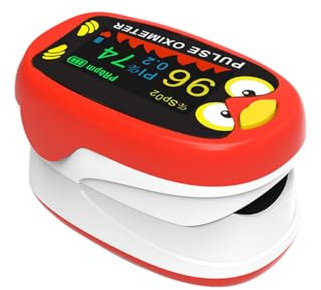 Yohcuro Paediatric Oximeter for Infants & Kids, Fingertip Pulse Oximeter for Small Fingers, Blood Oxygen Saturation, Pulse Rate Monitor, Cute Cartoon Design, USB-C Charging (Red)