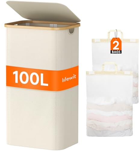Lifewit 100L Laundry Basket with Lid 2 Compartments, Large Washing Basket with Removable Laundry Bags and Bamboo Handles, Clothes Hampers for Laundry, Bathroom, Bedroom, Dorm, Cream White