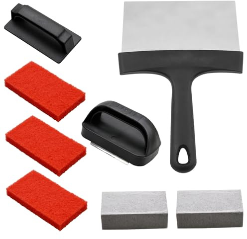 Kit de limpieza de planchas Kit de limpieza de parrillas Eliminación eficaz de grasa y manchas Limpiador de planchas con mango con pala, piedras de limpieza y 3 estropajos Limpiador de parrillas de su