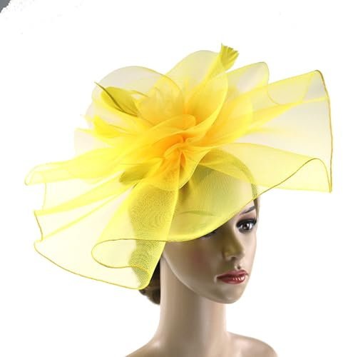 Fascinators Hut Hochzeitshut Kopfbedeckung Vintage Schleier Hut Brautschmuck HaarClip Hut Party Kirche Hochzeit Festival Mesh Kopfbedeckung Stirnband Federhut Mesh Hut Feder Blumen (Yellow, One Size)