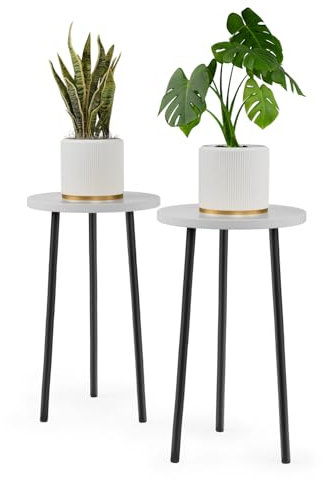 Växtställ inomhus 2 pack: Hörnträ 50 cm växtstativ mitten av århundradet modern dekor - litet runt växtbord för inomhusväxter - utomhus växthållare för uteplats vardagsrum badrum kontor (vit)
