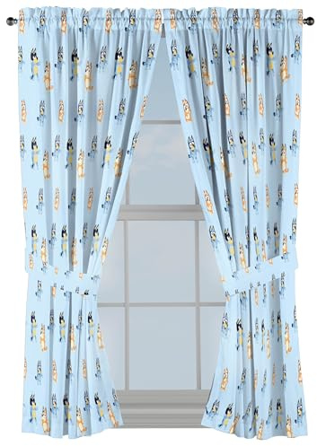 Jay Franco Juego de cortinas de ventana para dormitorio de niños, juego de 4 piezas con 2 alzapaños, azul, azul y bingo, 42 pulgadas de ancho x 63 pulgadas de largo (paquete de 2)