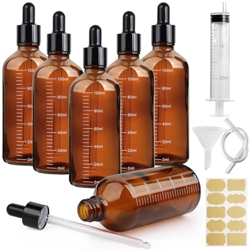 Nadisean 6 Stück Pipettenflasche 100ml mit Skala, Braunglas Glas Tropfflasche Dropper Bottle, Refillable Flasche mit Pipette, Braunglasflasche mit Trichter Aufkleber für Ätherische Öle Parfüm