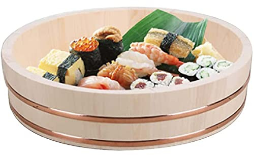 Wooden Sushi Rice Bowl, Round Food Tray Rice Mixing Bucket, Copper Rim Stone Pot Bibimbap Bucke Suitable for ?Japanese and Korean Cuisine Sashimi Bibimbap,40 * 15cm (60 * 15cm)