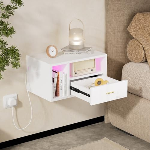 Saitedudu Schwebender Nachttisch mit Steckdose LED-Wandnachttisch mit 1 Schublade und 2 Ablageflächen Nachttische für Schlafzimmer und Wohnzimmer