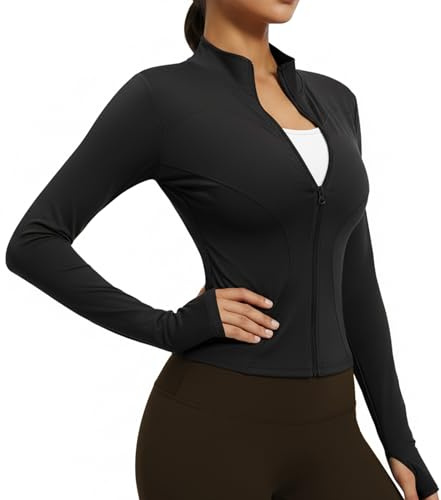 WUDEUI Womens Running Gym Jackets, Zip Up Long Sleeve Sports Tops, Slim Activewear with Thumb Holes for Ladies Fitness Workout Yoga