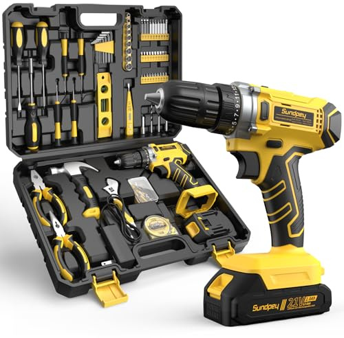 Sundpey 21V Tool Kit with Drill - 170-PCs Portable General Basic Home Repair Tool Set with Power Drill & 2.0Ah Battery & Charger & Tool Box for Homeowner Drilling DIY Projects House Repairs & Handyman