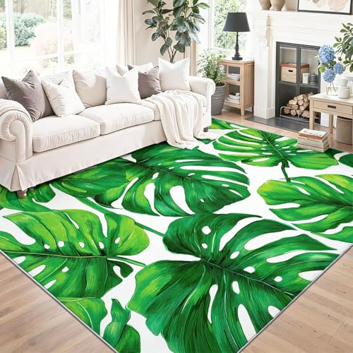 Generico Tappeto Pelo Corto Salotto Verde - Semplice Vegetale Monstera Deliziosa Stampa Motivo Tappeti Decorazioni, Lavabile Antiscivolo Tappeto per Soggiorno Bambini Camera Balcone 60 x 90 cm