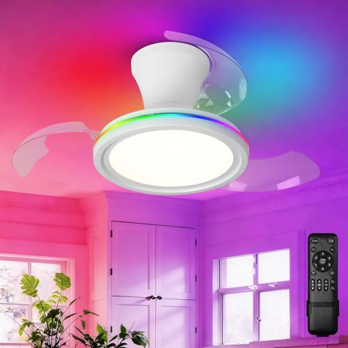 Caunmar Ventilador Techo Pequeño Con Luz Aspas Retráctiles Plegables, RGB Lampara Techo Ventilador Silencioso, Led Regulable Función De Memoria, Retractil Para Dormitorio/HabitacióN Infantil - Blanco
