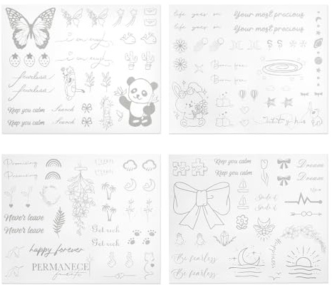 Lotsdonxia 4 Sheets Small Semi-Permanent Tattoos for Women, Grey Realistic Tiny Finger Tattoos, Last 1-2 Weeks, Waterproof Floral & Quote Designs