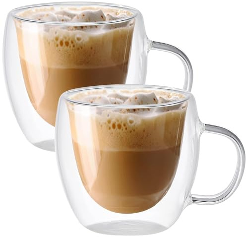 Bankeep Set di 2 tazze da caffè in vetro a doppia parete, 150 ml, isolate con manico, tazze trasparenti per latte, bevande, cappuccino, caffè espresso