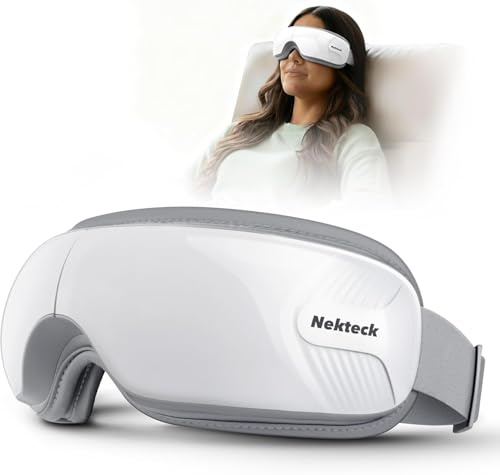 Nekteck Masseur Oculaire avec Chaleur et Pression d’Air pour Soulager la Fatigue Oculaire et les Yeux Secs, Masque Chauffant avec Musique Bluetooth, Cadeau Femme Homme (Blanc)