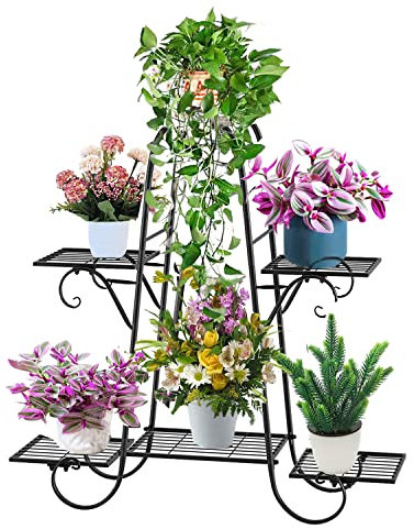 CarolynDesign 6-stöckige Pflanzenständer für drinnen und draußen, Blumentopfhalter Regal für mehrere Pflanzen, schwarzes Metall Pflanzenständer für Terrasse